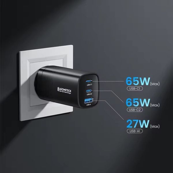 Блок живлення 65 Вт Asometech &ndash; Зарядний пристрій PD/QC, USB-C power65 фото